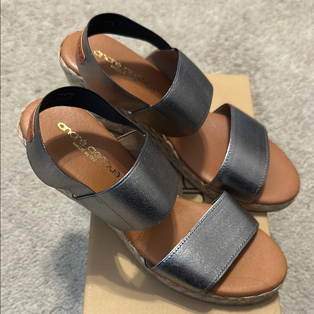 Andres Assous Allison Pewter wedge sandals.
